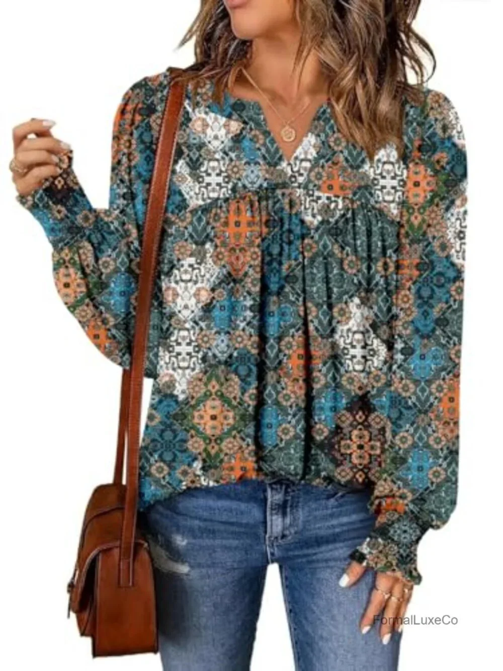 Puff Long Sleeve Tunic Top V Neck Pleated Blouse Women Dressy Casual Pullover